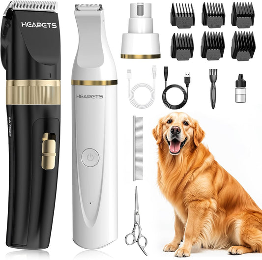 Dog Hair Clippers for Grooming Kit and Dog Paw Trimmer Nail Grinder for Grooming, Low Noise Rechargeable Cordless, Shaver Grooming Supplies for Pet Cats Dogs (Black, White)