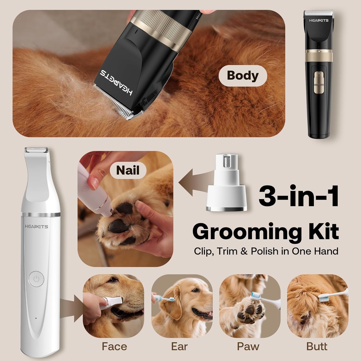 Dog Hair Clippers for Grooming Kit and Dog Paw Trimmer Nail Grinder for Grooming, Low Noise Rechargeable Cordless, Shaver Grooming Supplies for Pet Cats Dogs (Black, White)